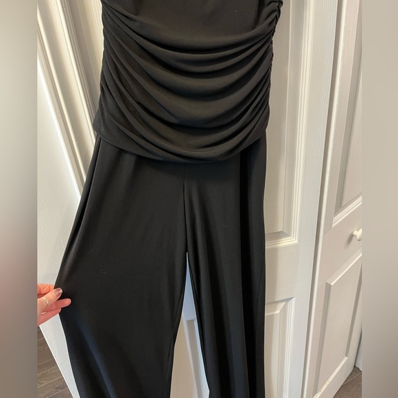 Black stretch material pants suit with shoulder embellishments - Picture 2 of 4
